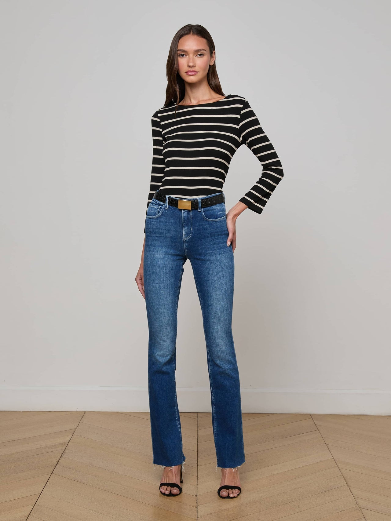 Lucille Striped Boatneck Top in Black/Oat Stripe