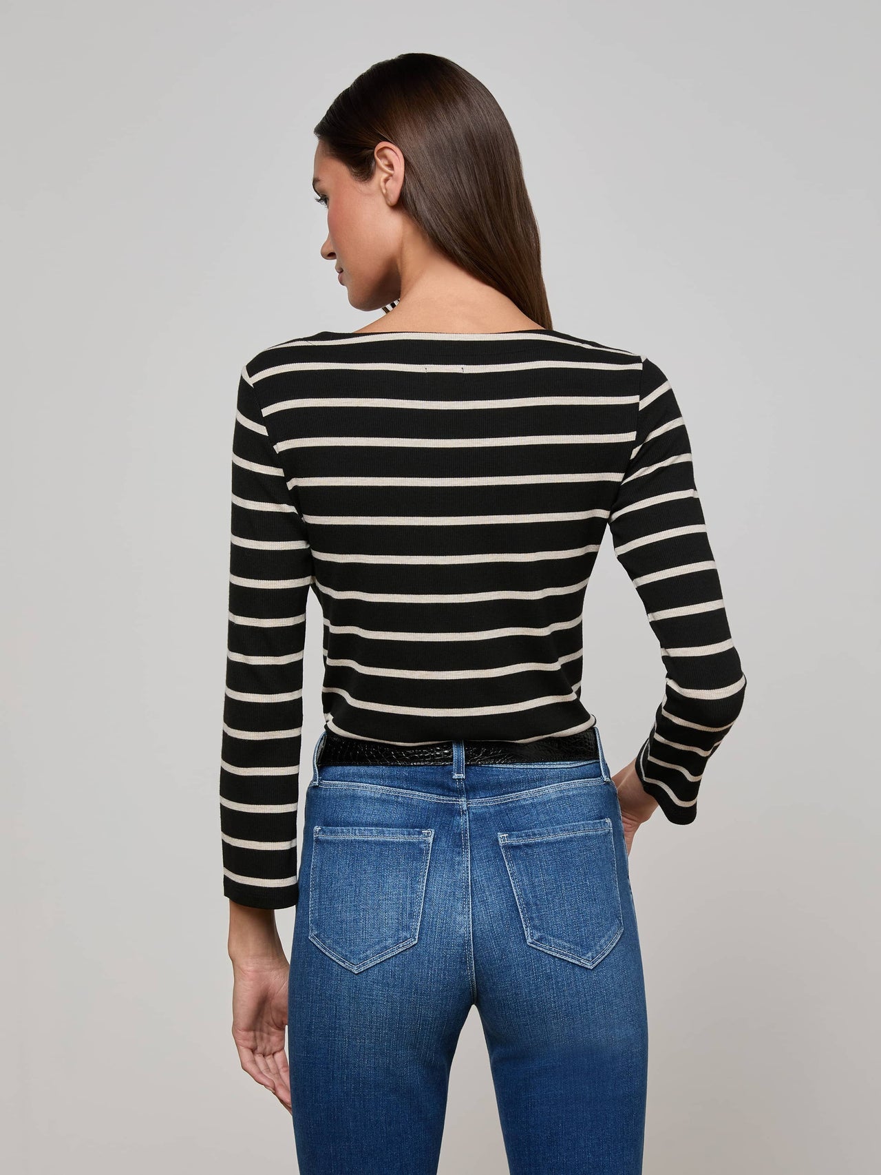 Lucille Striped Boatneck Top in Black/Oat Stripe