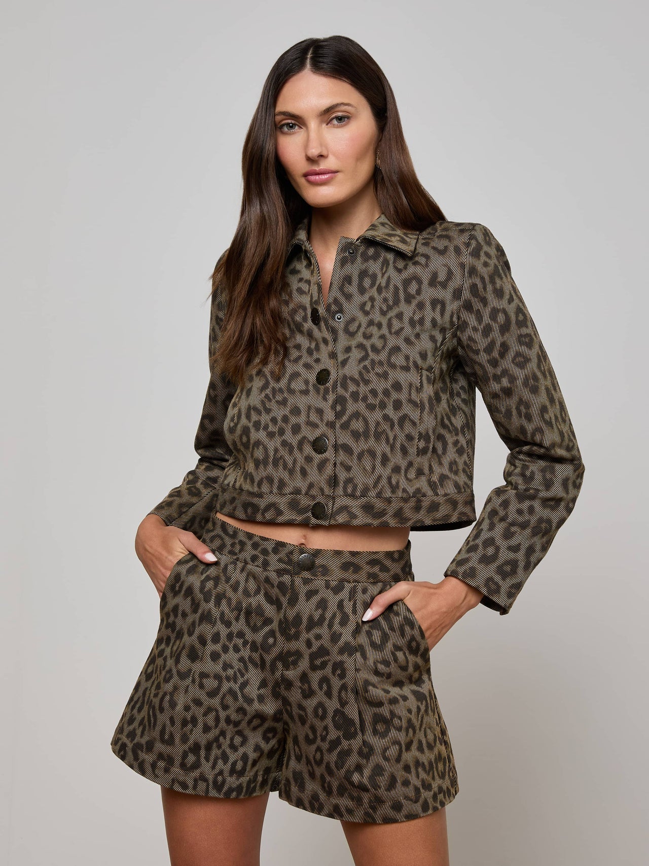 Marla Cropped Jacket in Tan Multi Leopard