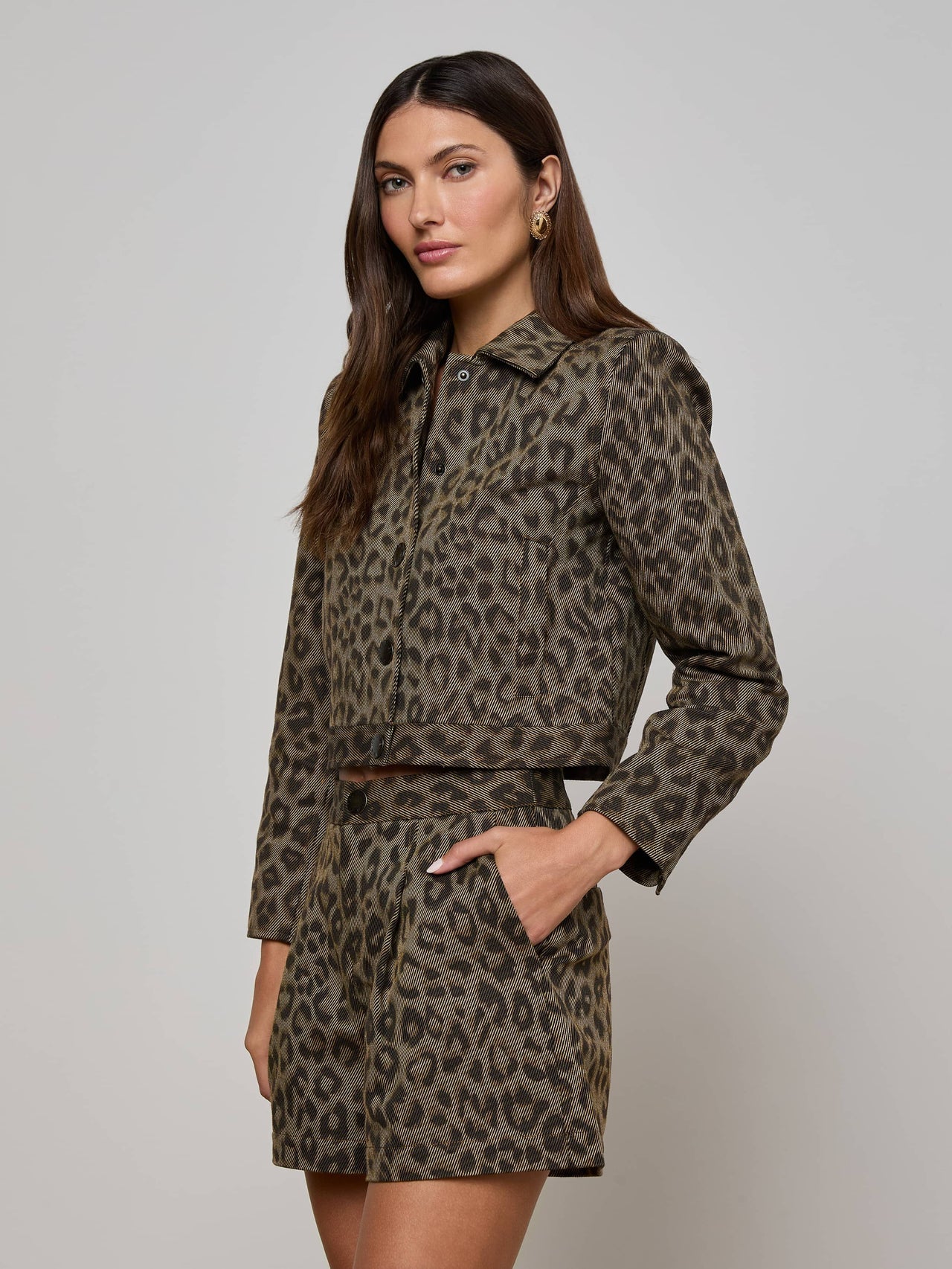 Marla Cropped Jacket in Tan Multi Leopard