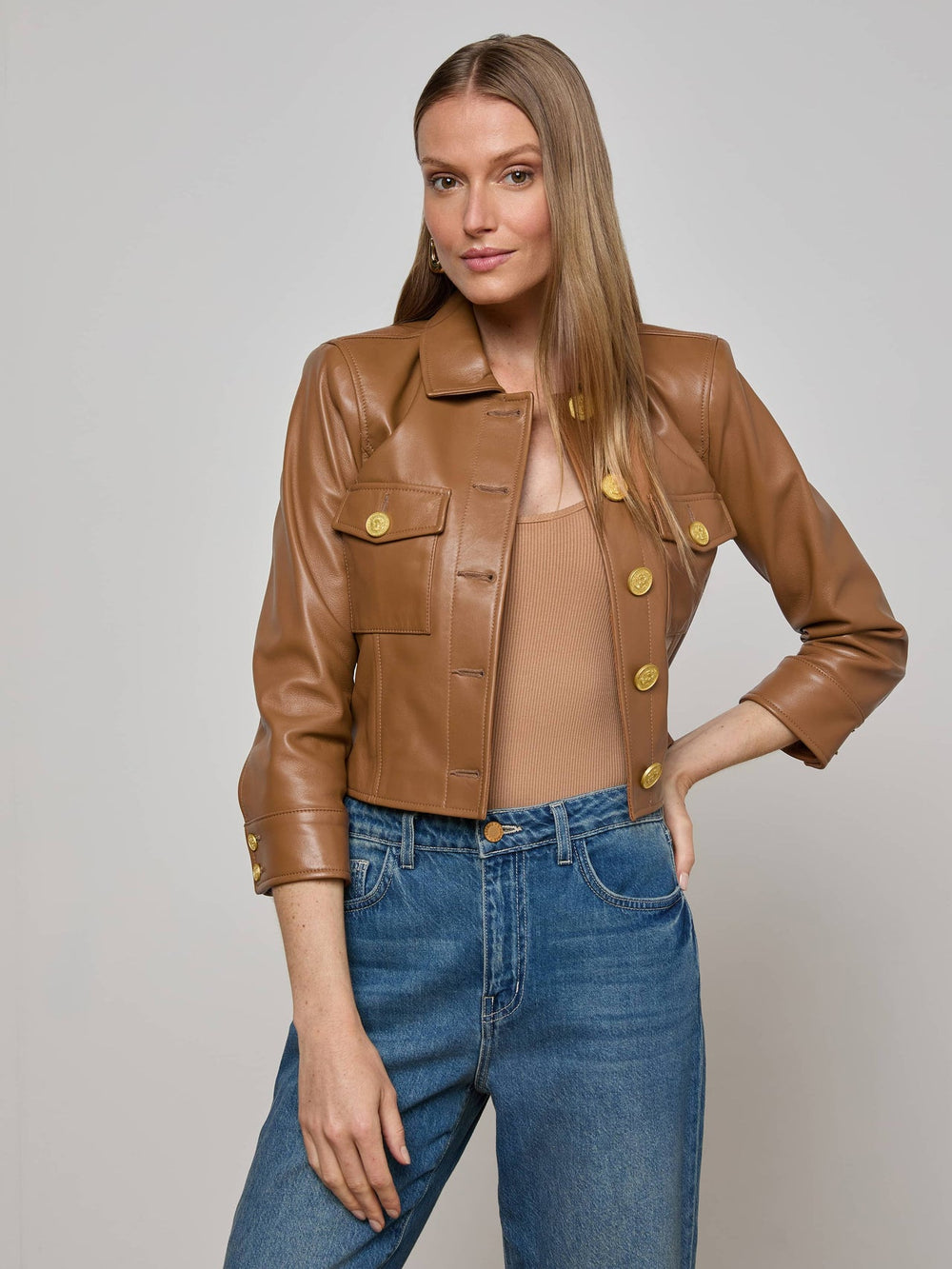 Kumi Cropped Leather Jacket in Soft Cognac