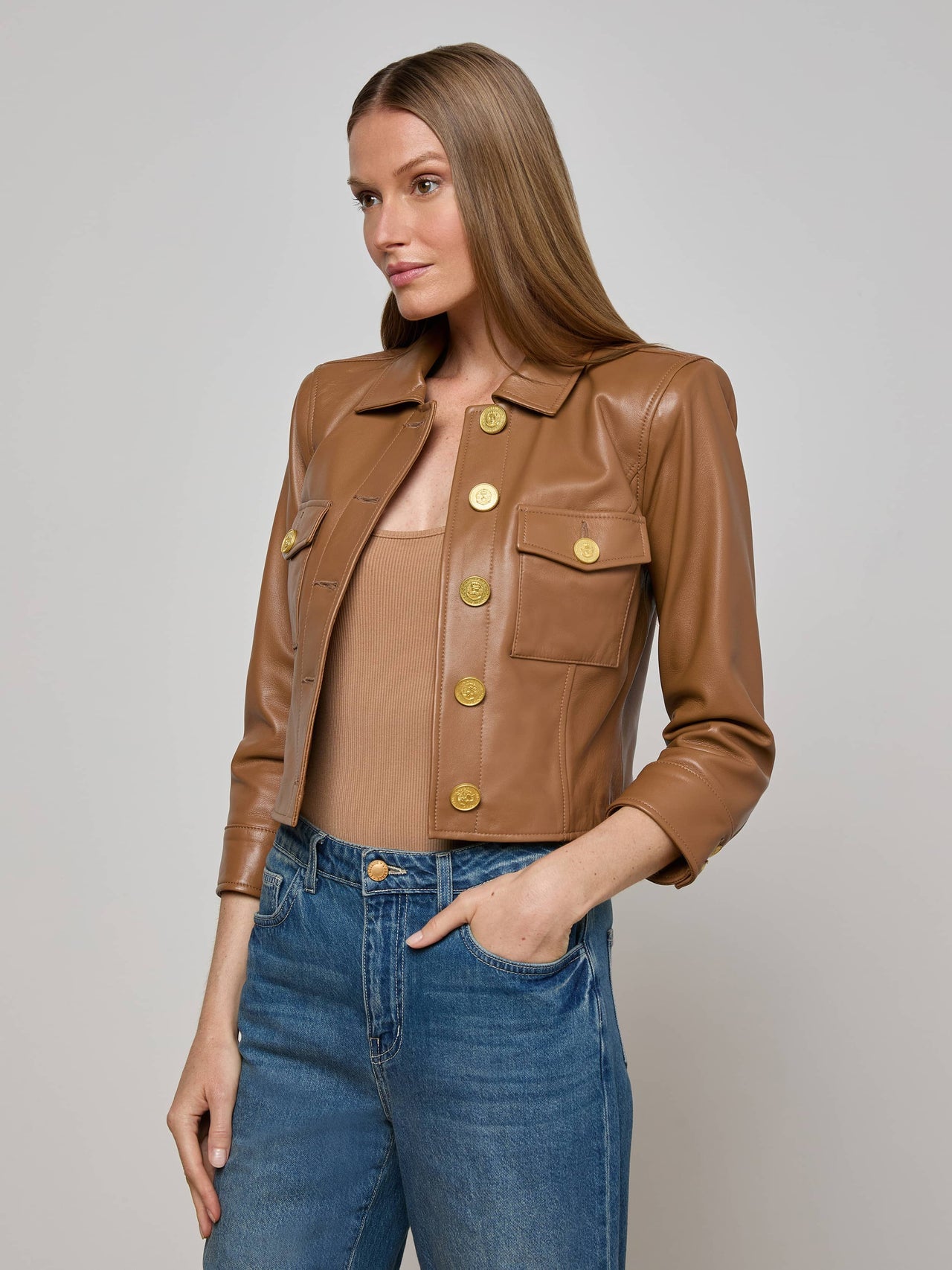 Kumi Cropped Leather Jacket in Soft Cognac