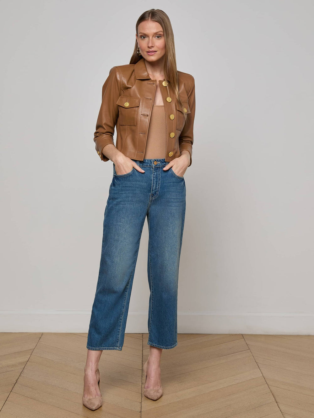 Kumi Cropped Leather Jacket in Soft Cognac