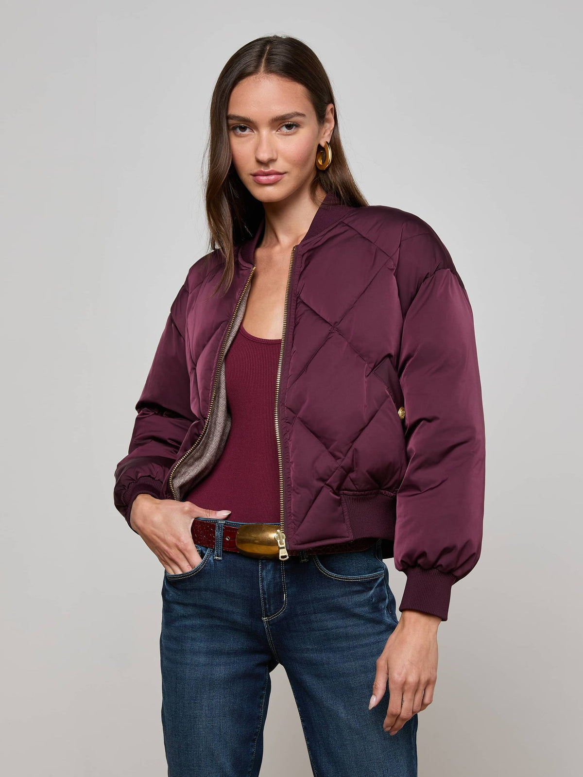 Violeta Reversible Puffer in Wine/Herringbone