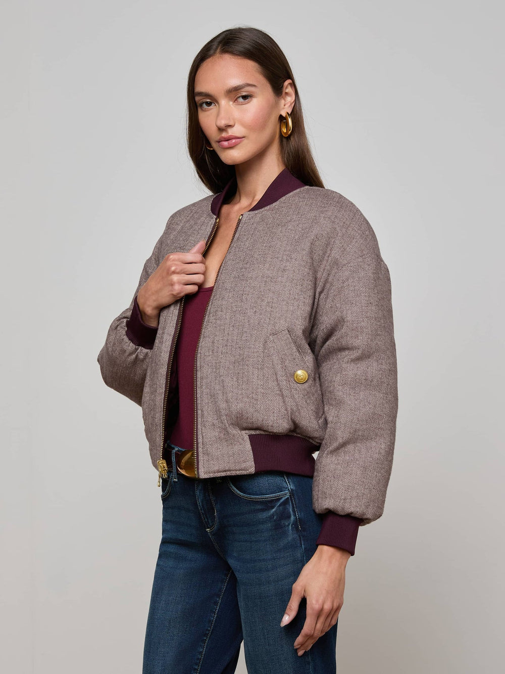 Violeta Reversible Puffer in Wine/Herringbone
