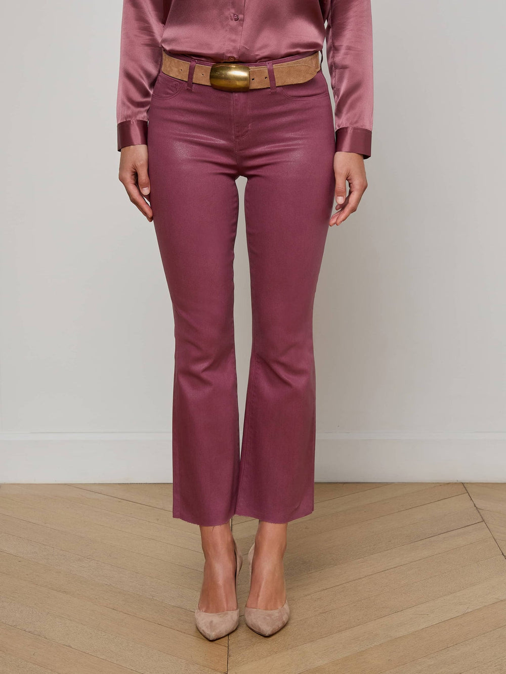 Kendra Coated Cropped Flare Jean in Deep Mauve Coated