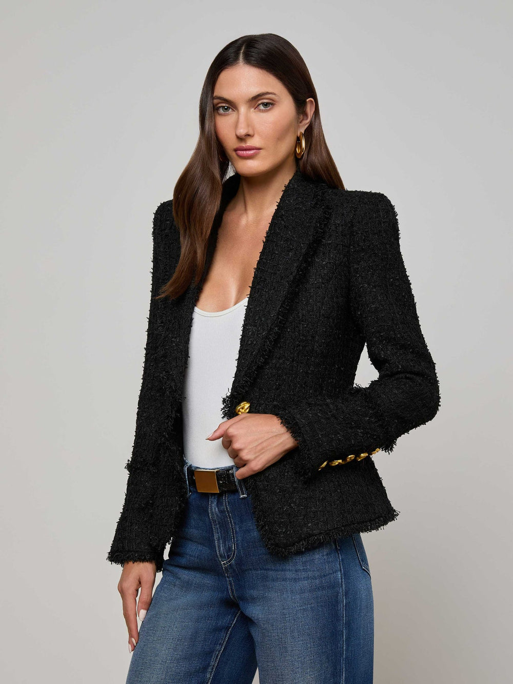 Kaisley Frayed Trim Blazer in Black