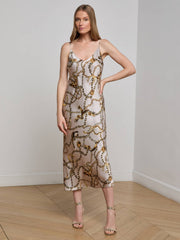Seridie Silk Slip Dress in Smoke Grey/Gold Long Horn Chain