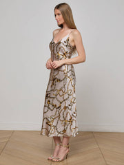 Seridie Silk Slip Dress in Smoke Grey/Gold Long Horn Chain
