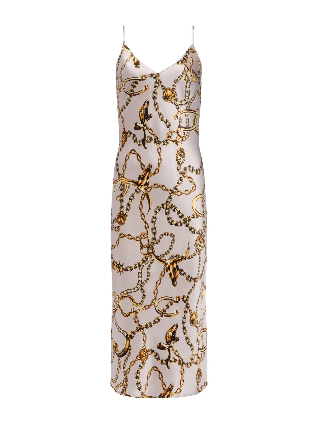 Seridie Silk Slip Dress in Smoke Grey/Gold Long Horn Chain