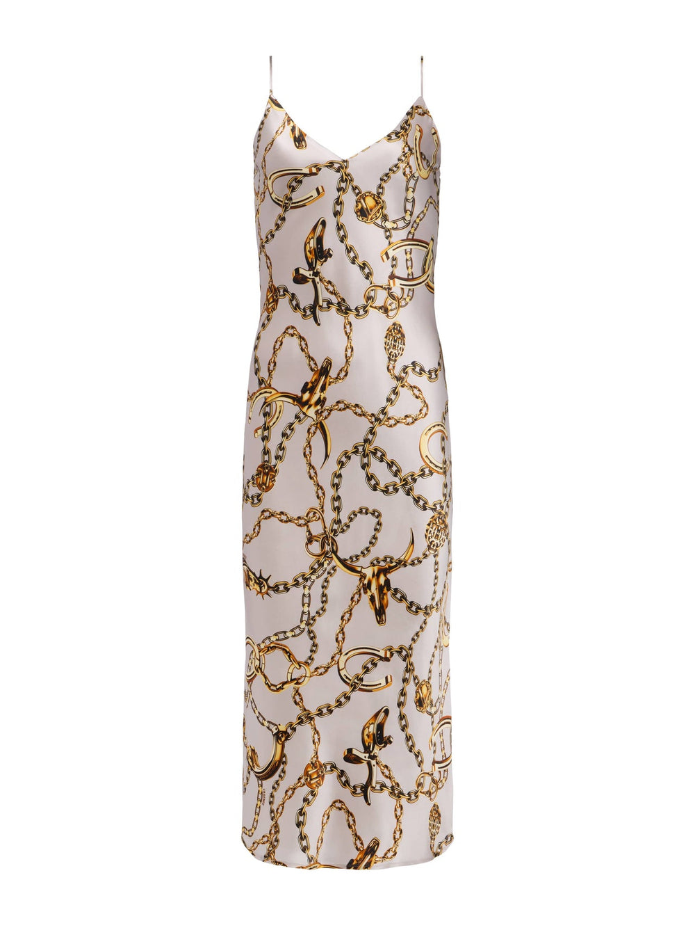 Seridie Silk Slip Dress in Smoke Grey/Gold Long Horn Chain