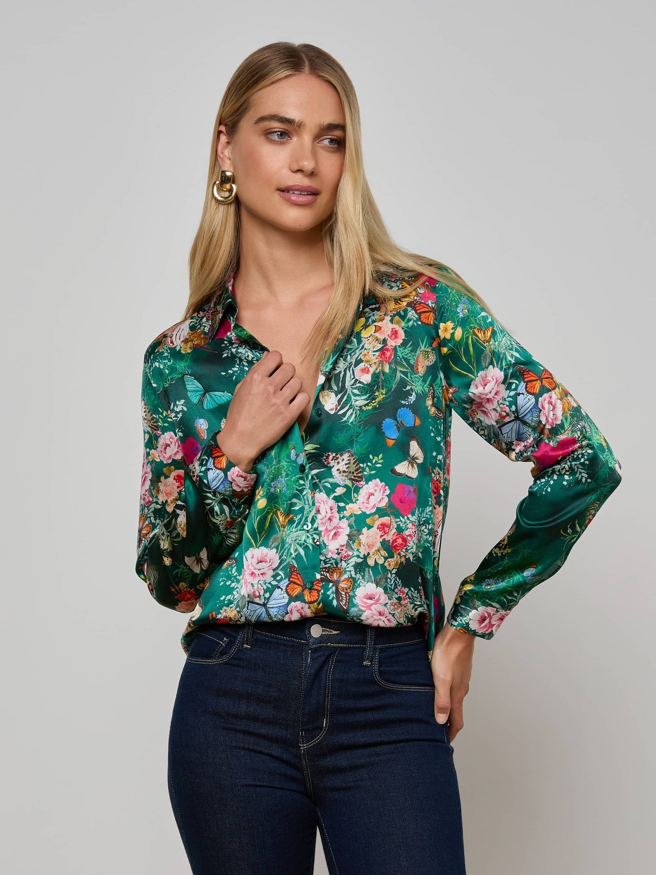 Tyler Silk Blouse in Bottle Green Multi Charonda Butterfly