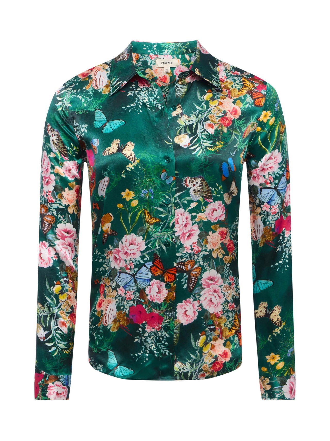 Tyler Silk Blouse in Bottle Green Multi Charonda Butterfly