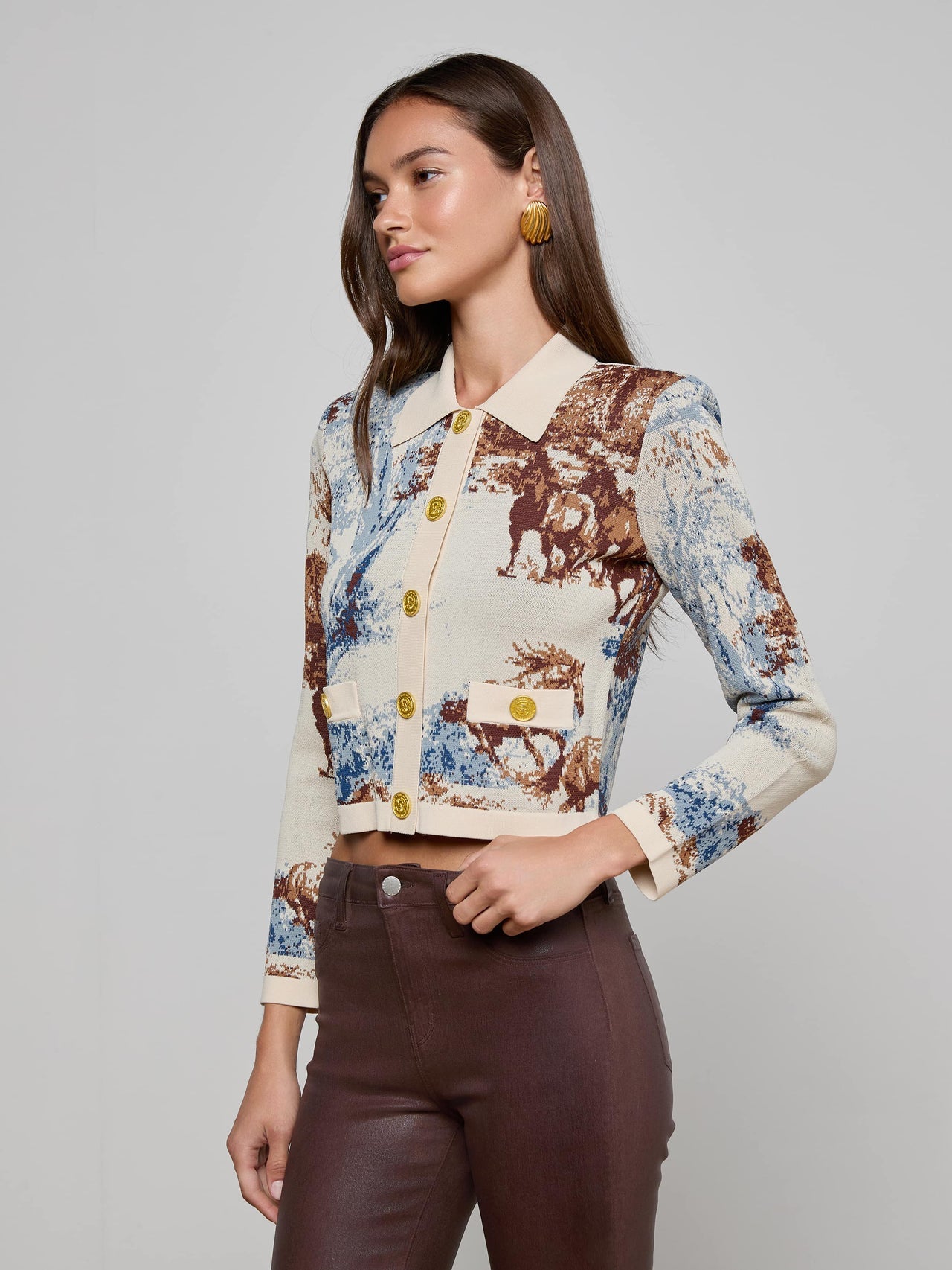 Osiris Jacquard Cardigan in Tan Multi Western Toile