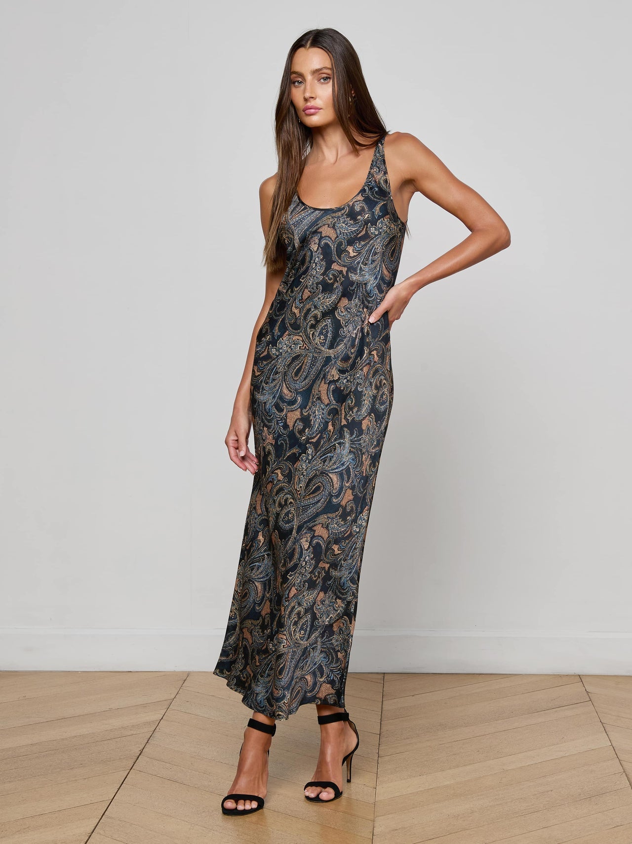 Akiya Satin Maxi Dress in Midnight Multi Etched Paisley