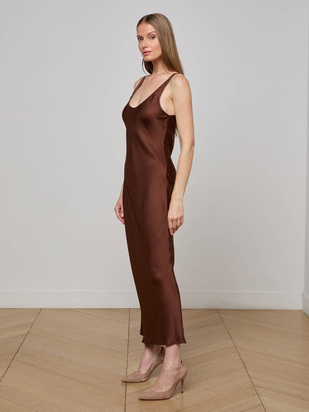 Akiya Satin Maxi Dress in Hot Fudge