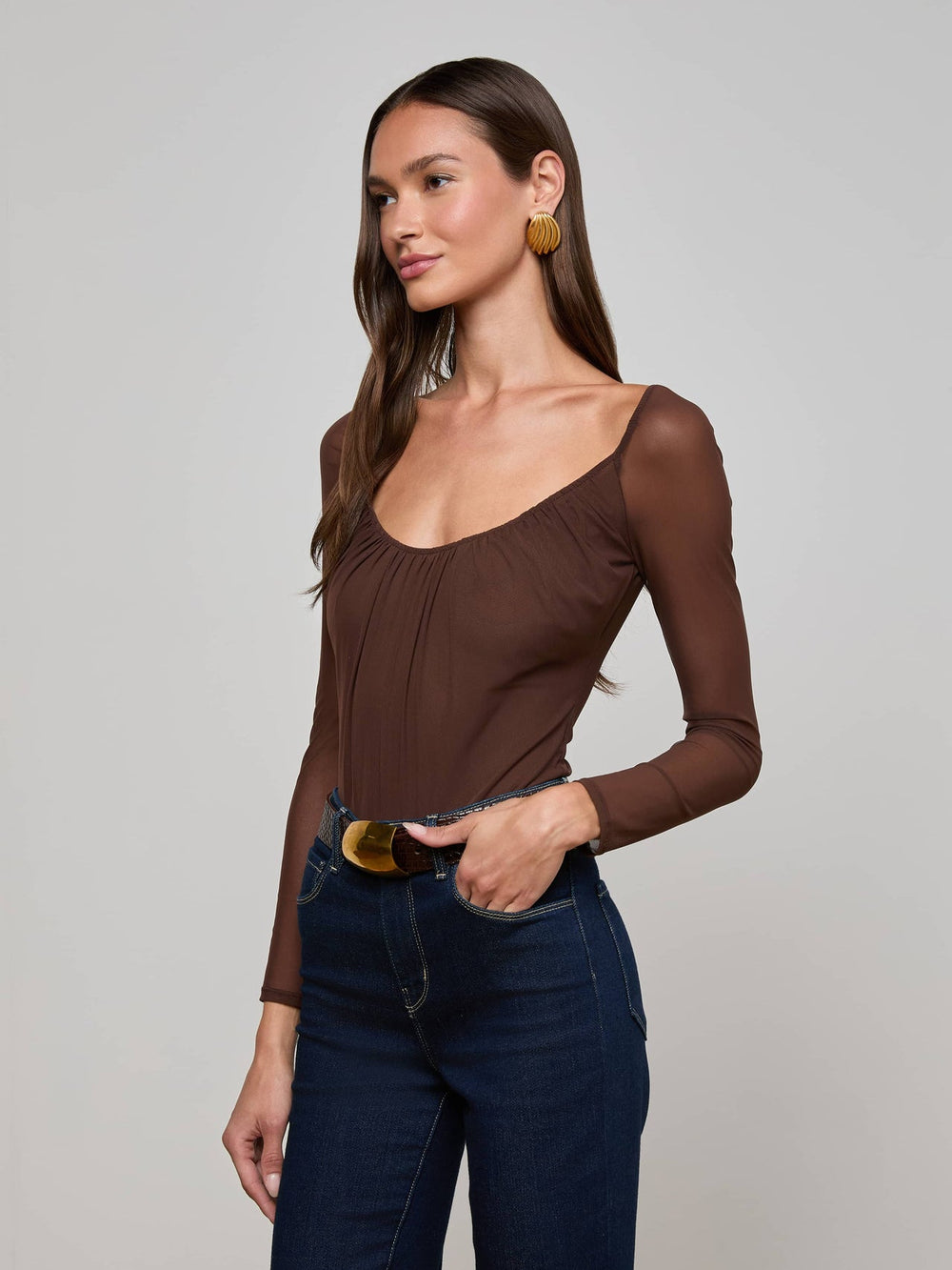 Gwendolyn Mesh Bodysuit in Chocolate