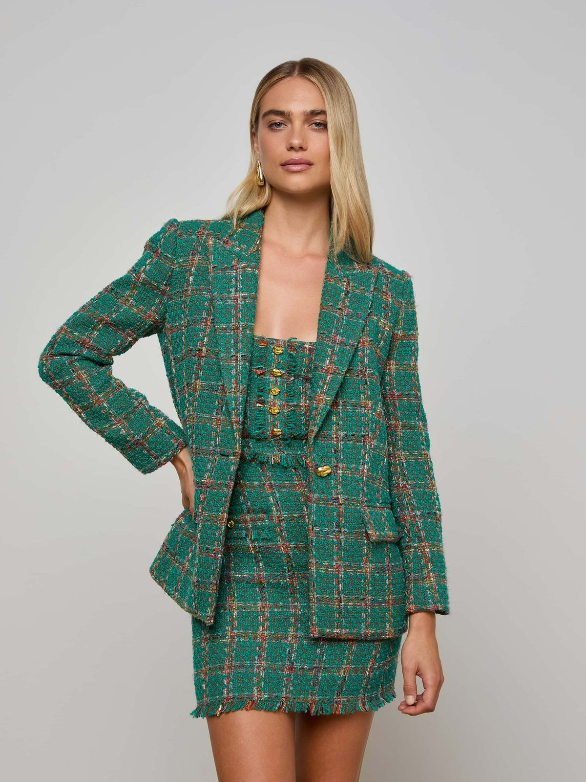 Gweny Tweed Blazer in Green Windowpane Tweed