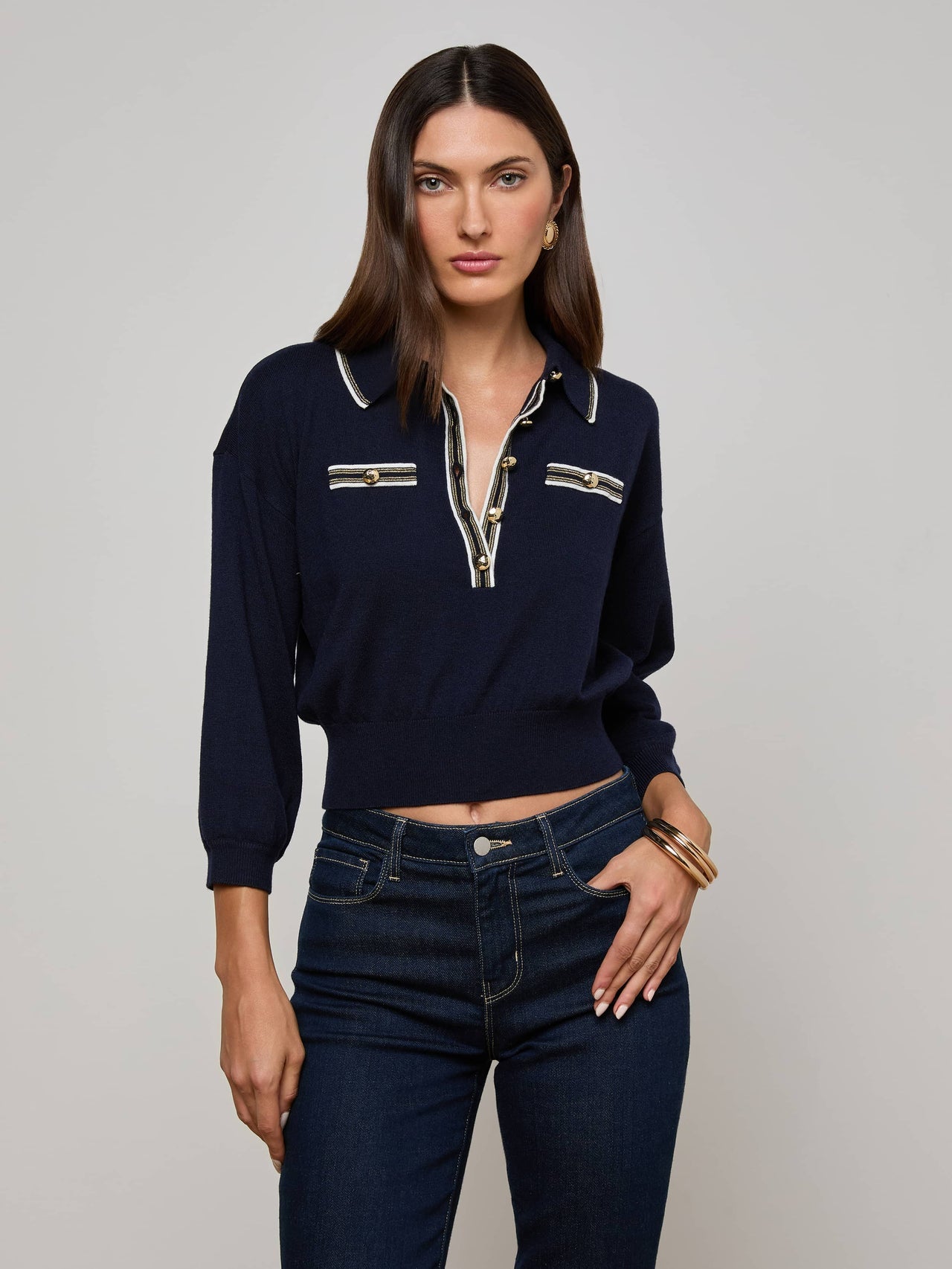 Malaki Cropped Sweater in Midnight/Ivory/Gold