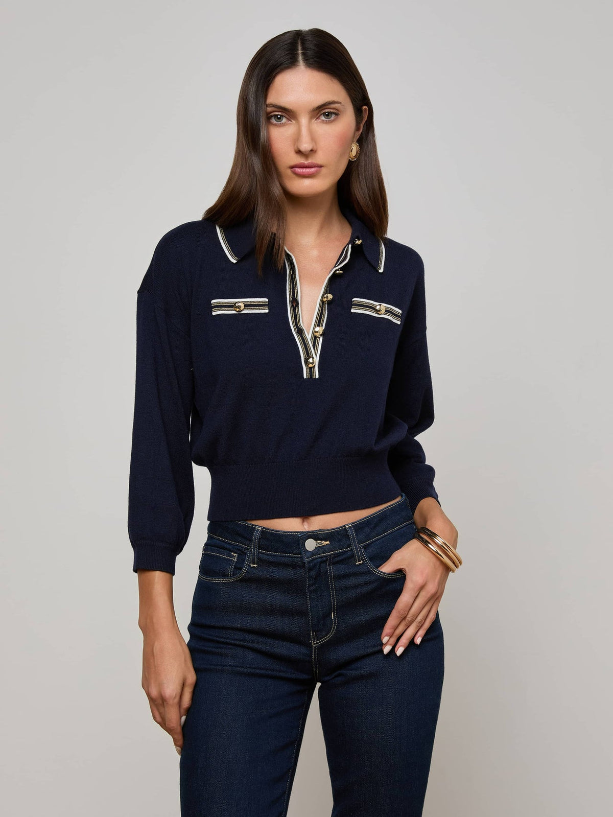 Malaki Cropped Sweater in Midnight/Ivory/Gold