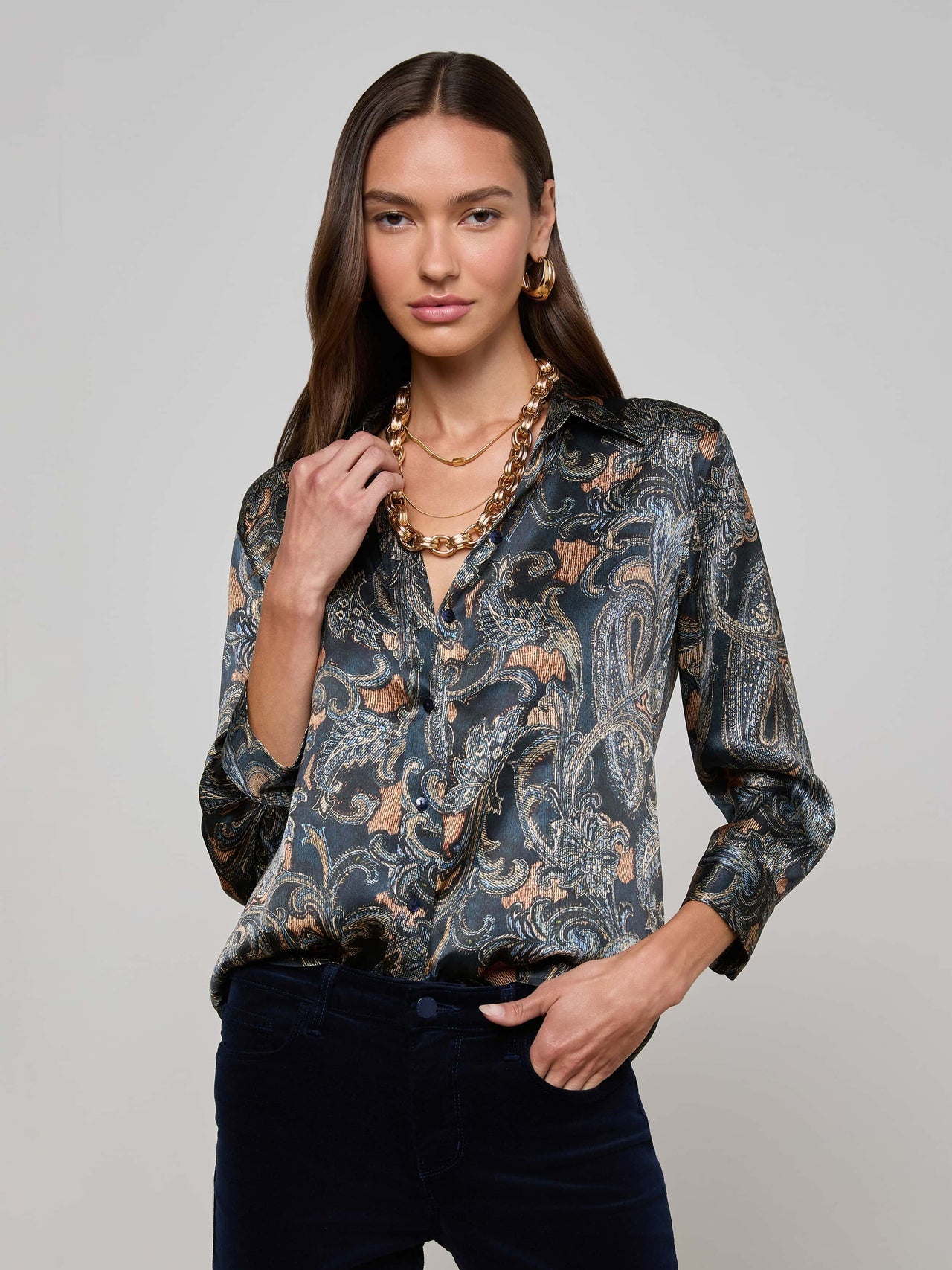 Dani Silk Blouse in Midnight Multi Etched Paisley
