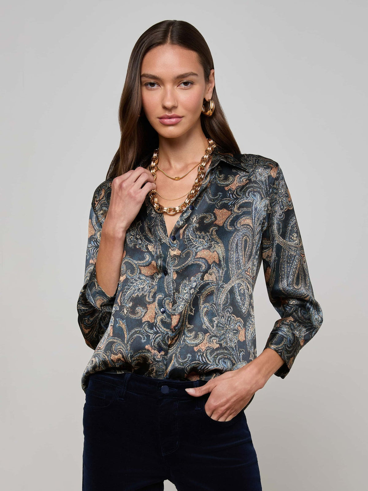 Dani Silk Blouse in Midnight Multi Etched Paisley