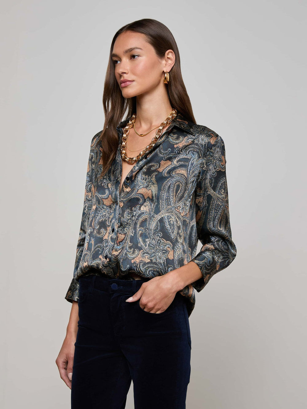 Dani Silk Blouse in Midnight Multi Etched Paisley