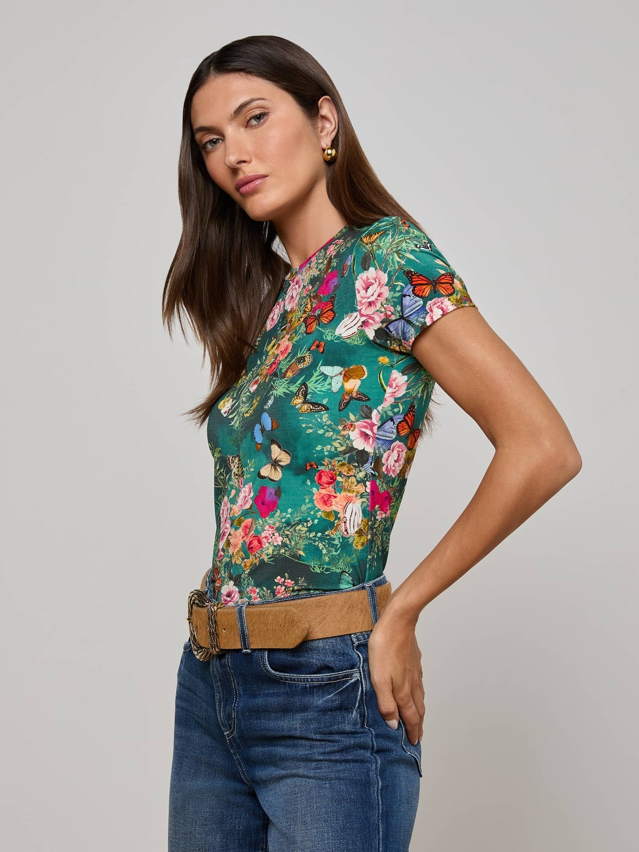 Ressi Fitted Tee in Bottle Green Multi Charonda Butterfly