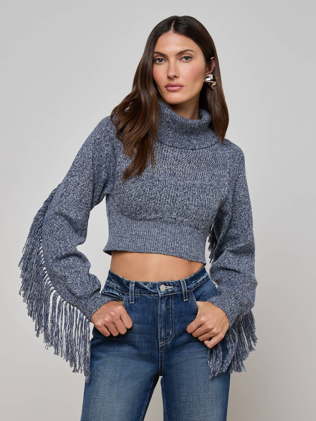 Maddison Fringed Turtleneck in Denim Blue
