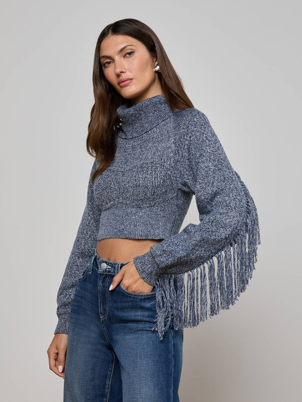 Maddison Fringed Turtleneck in Denim Blue