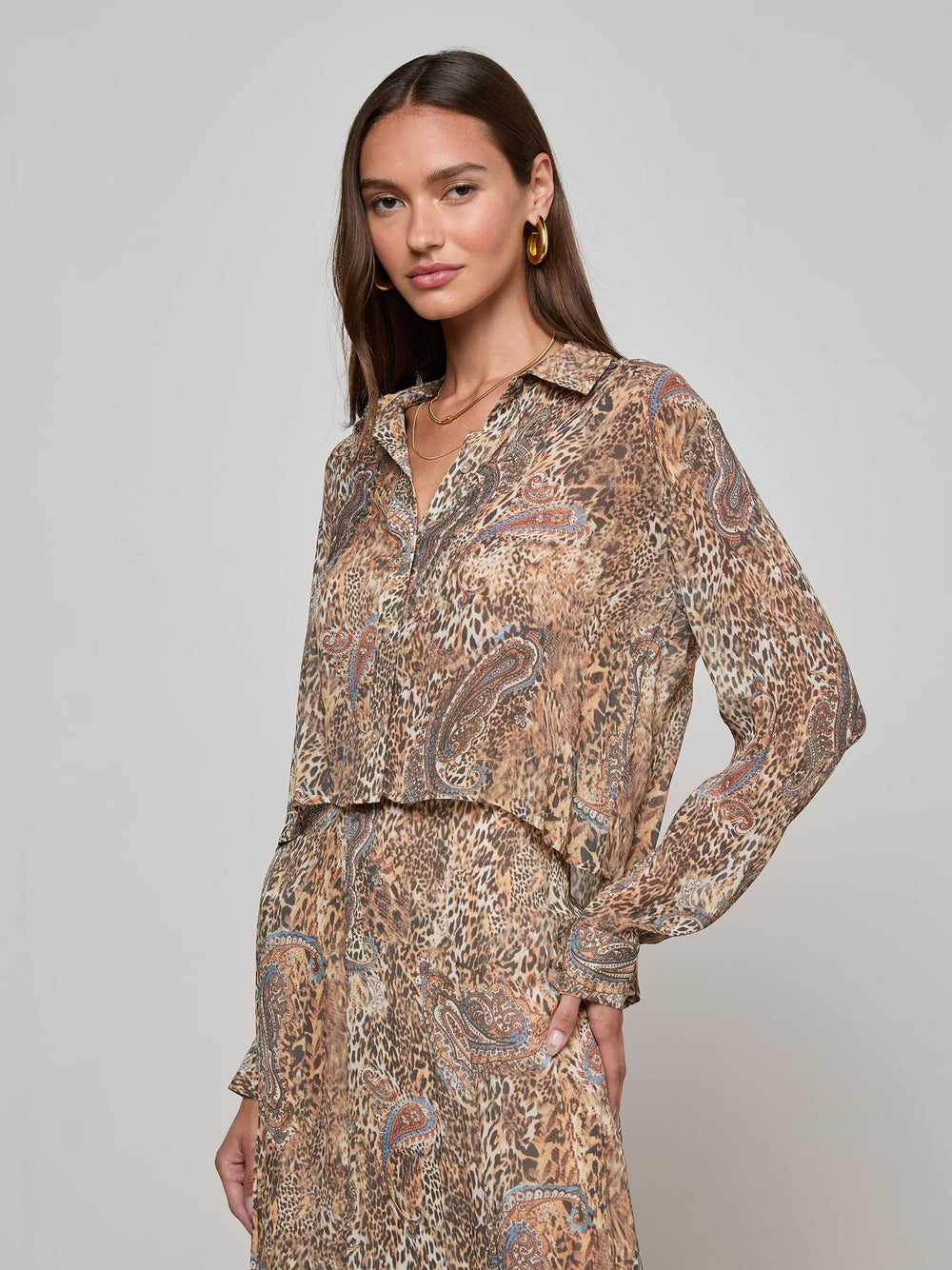Cosette Button-Down Shirt in Brown/Blue Valencia Leopard
