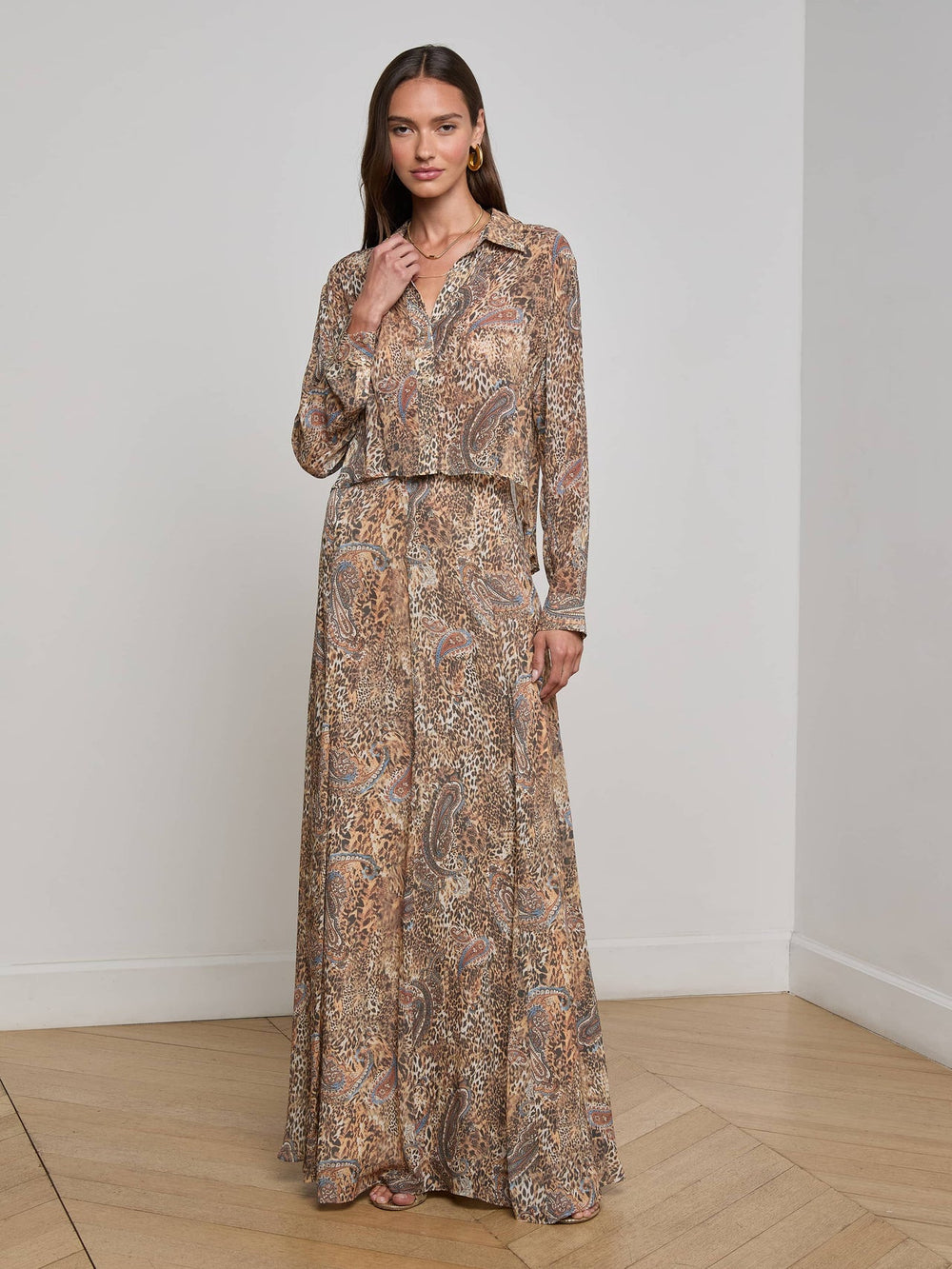 Cosette Button-Down Shirt in Brown/Blue Valencia Leopard