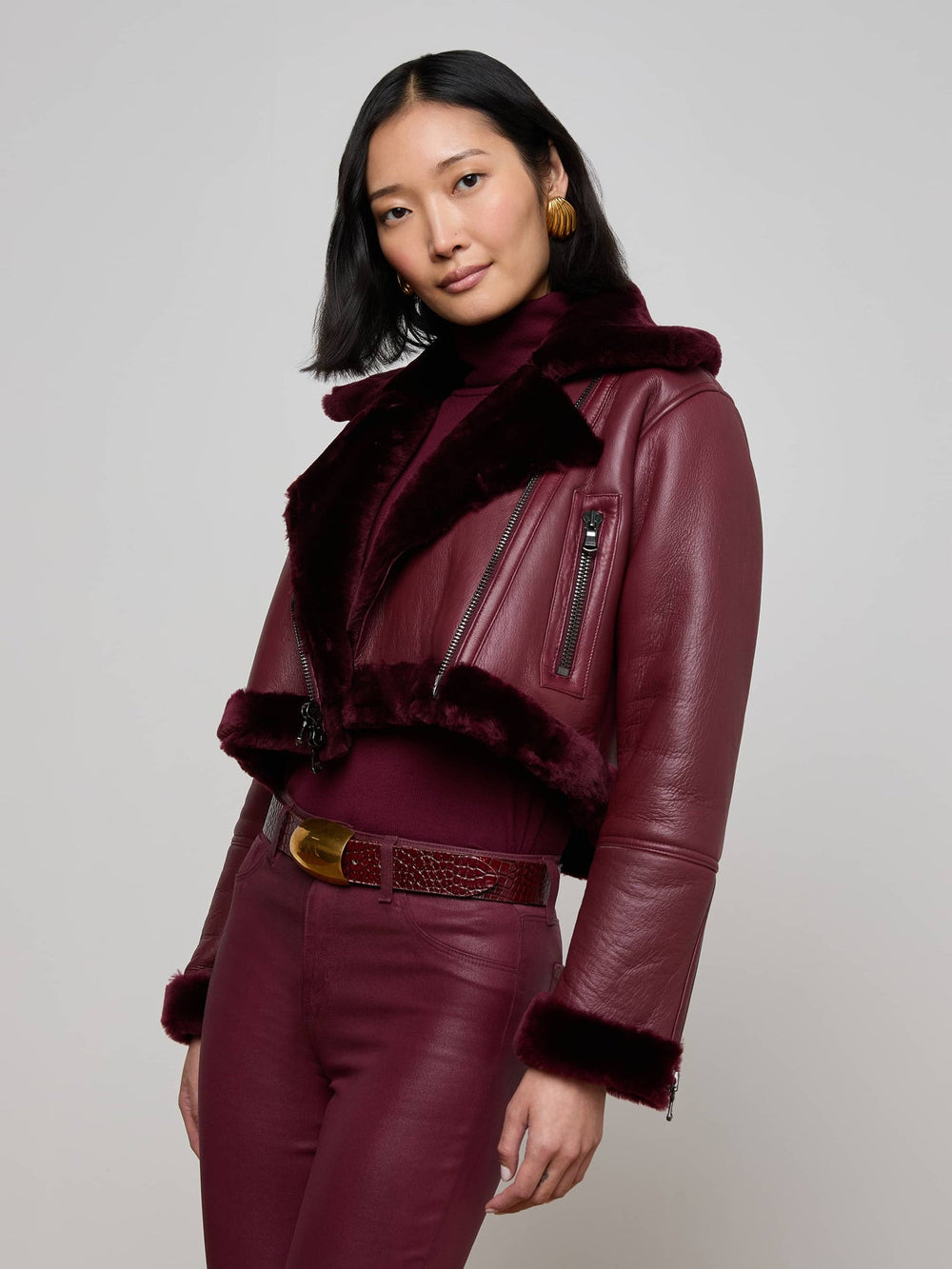 Pike Shearling Leather Jacket in Wine