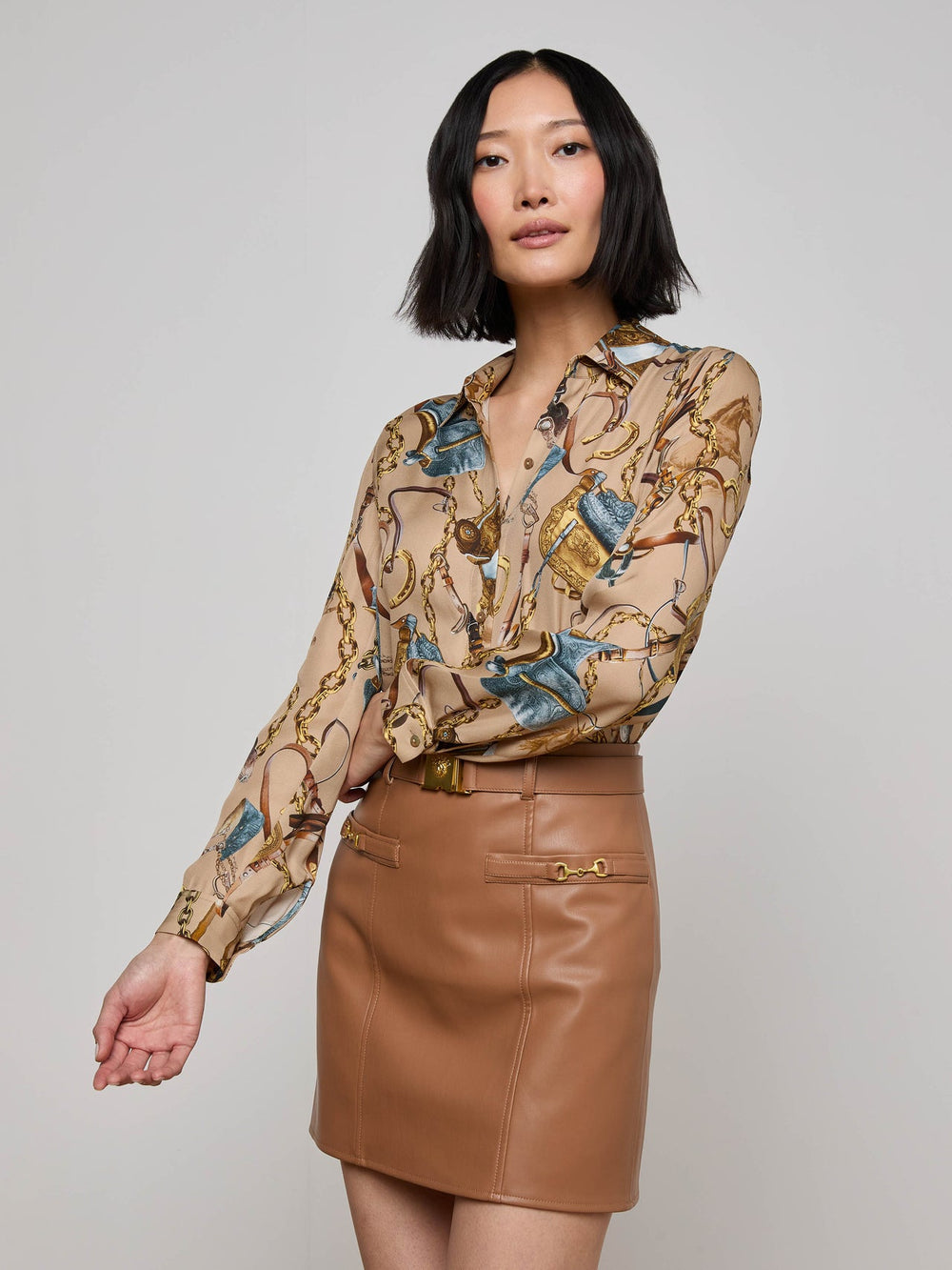 Nina Silk Blouse in Dark Cappuccino Multi Equestrian Saddle
