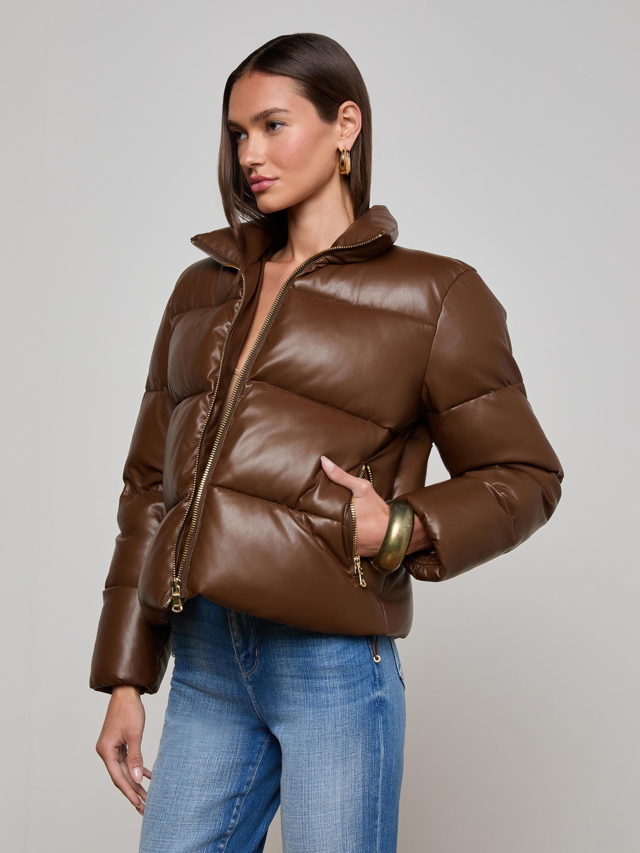 Larsen Vegan Leather Puffer Jacket in Carafe Brown/Valencia Leopard