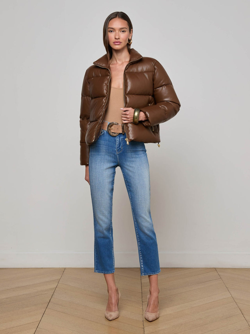 Larsen Vegan Leather Puffer Jacket in Carafe Brown/Valencia Leopard
