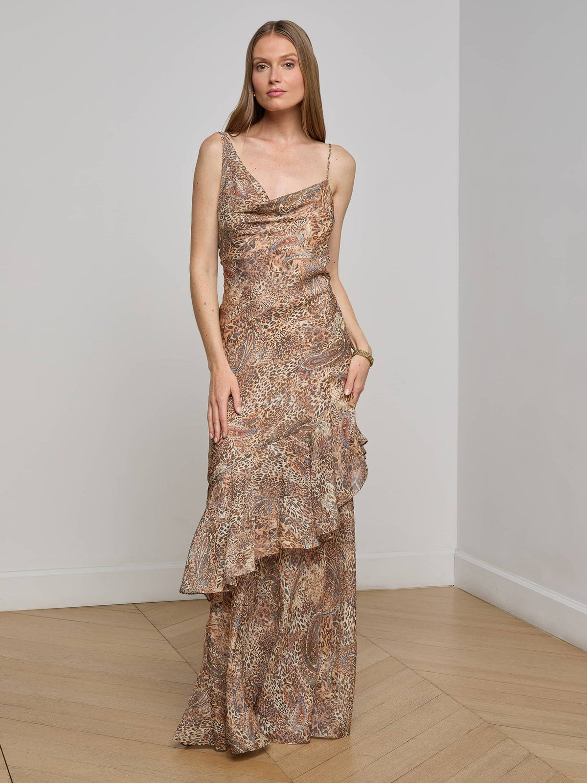 Viola Silk Gown in Brown/Blue Valencia Leopard