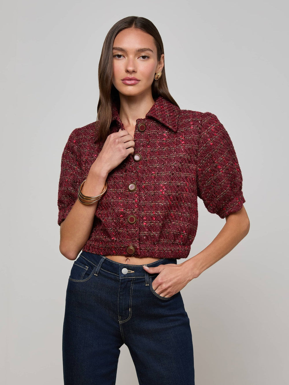 Cove Cropped Tweed Jacket in Brown/Black Cherry Multi Tweed