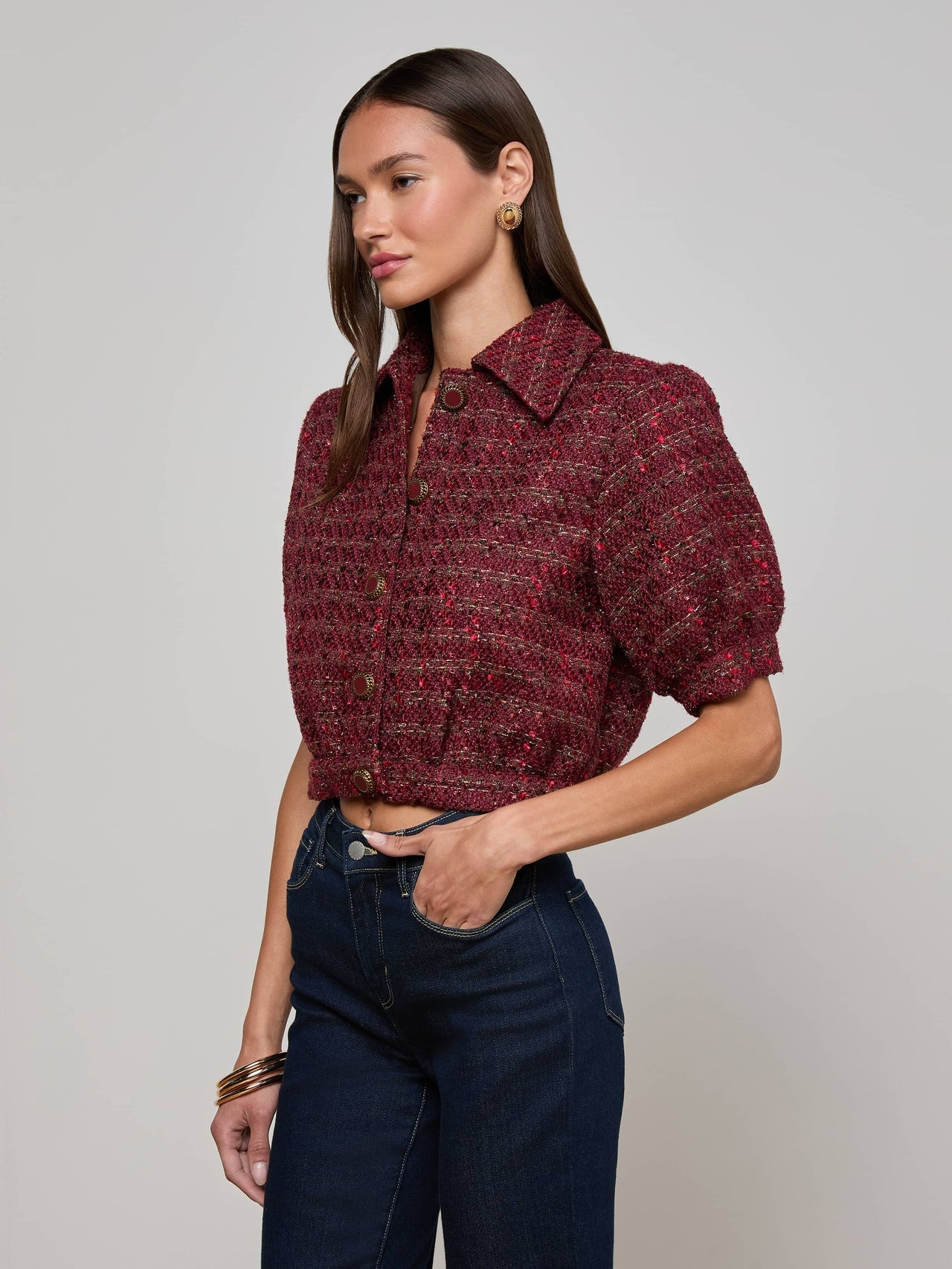 Cove Cropped Tweed Jacket in Brown/Black Cherry Multi Tweed