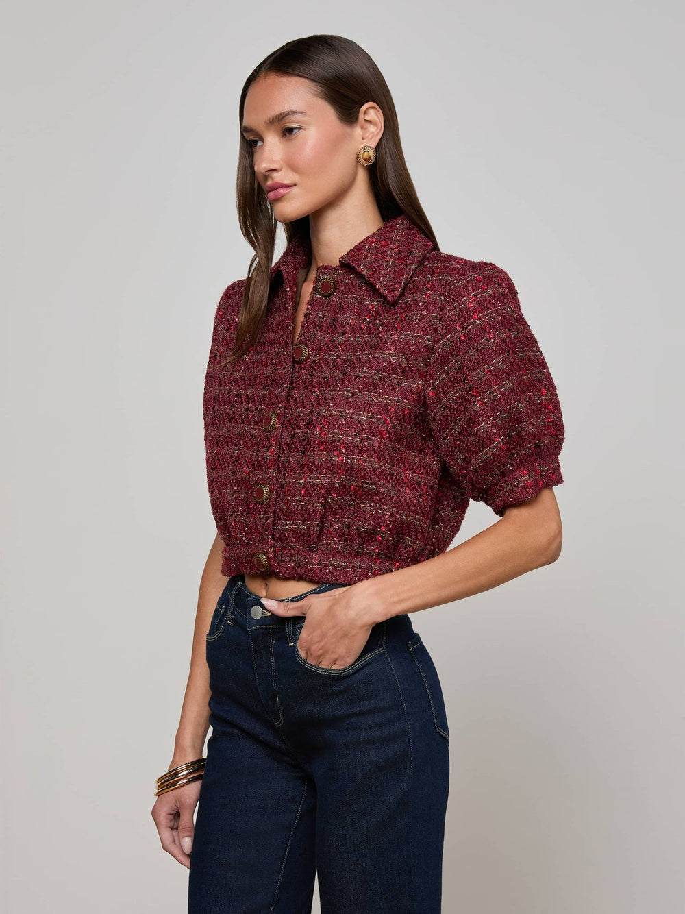 Cove Cropped Tweed Jacket in Brown/Black Cherry Multi Tweed