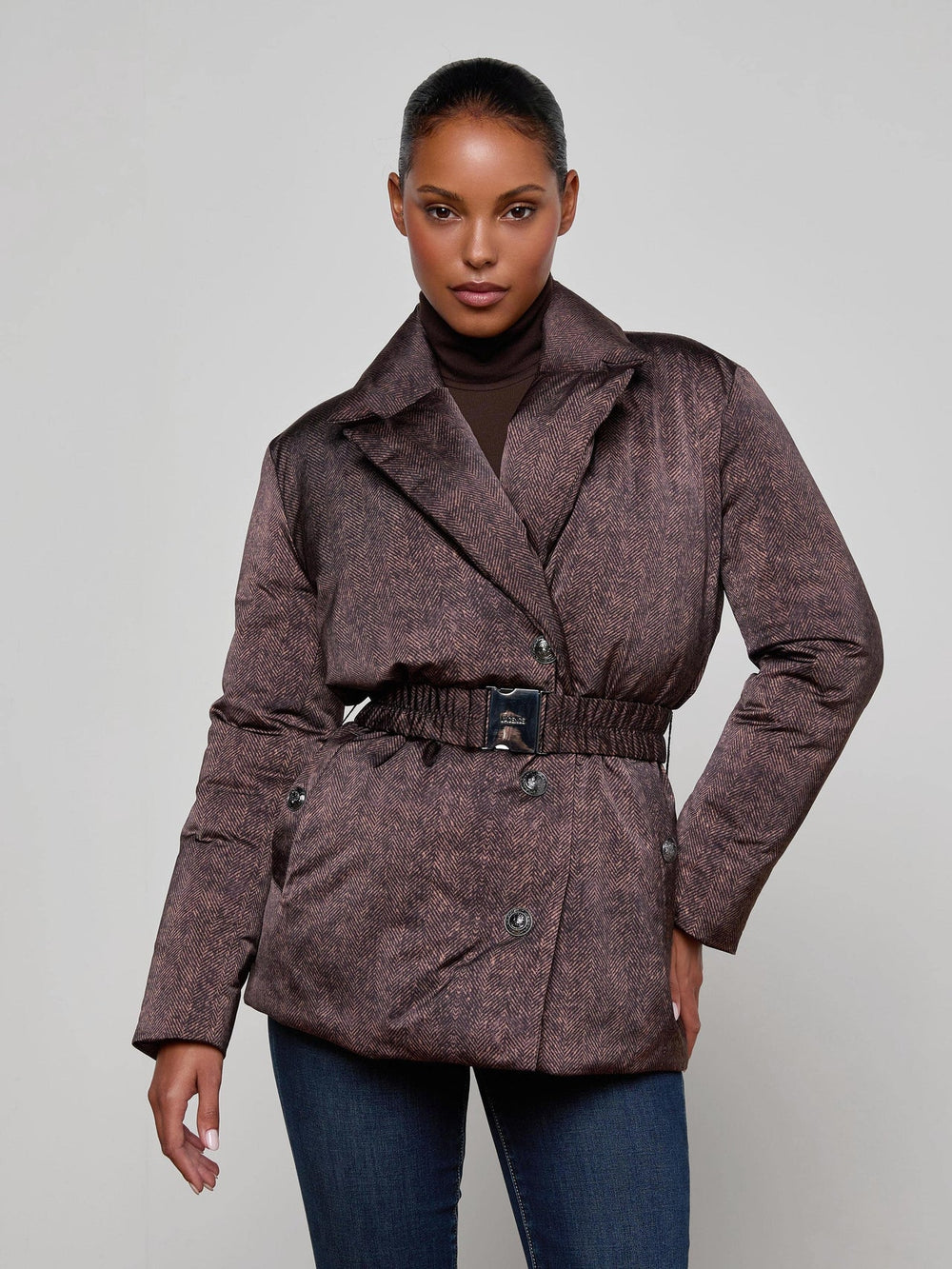Willene Puffer Jacket in Brown Herringbone Print