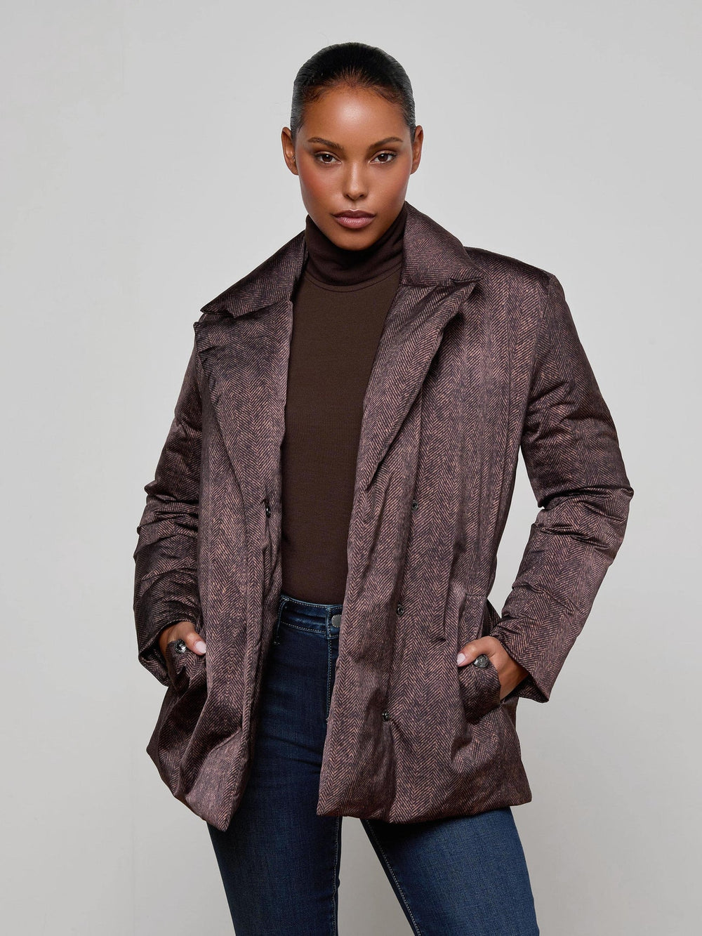 Willene Puffer Jacket in Brown Herringbone Print