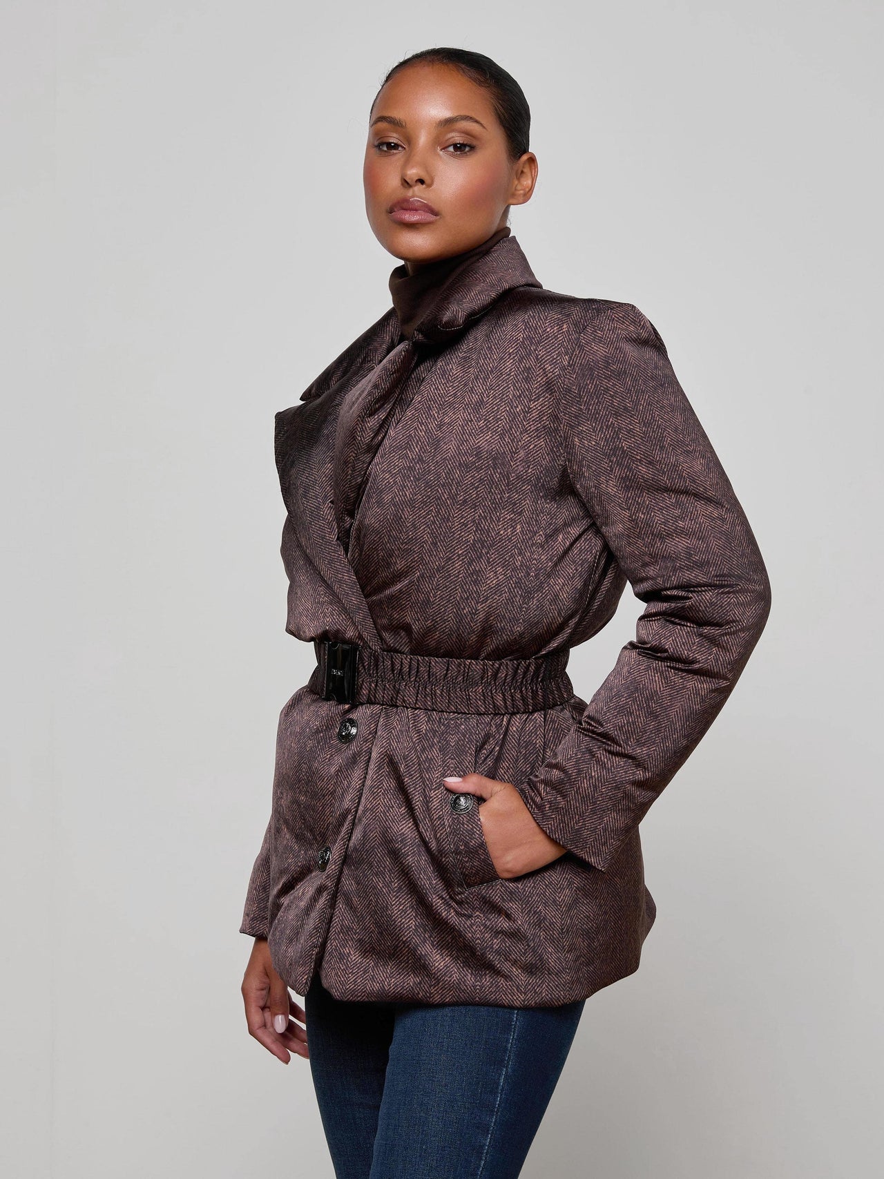 Willene Puffer Jacket in Brown Herringbone Print