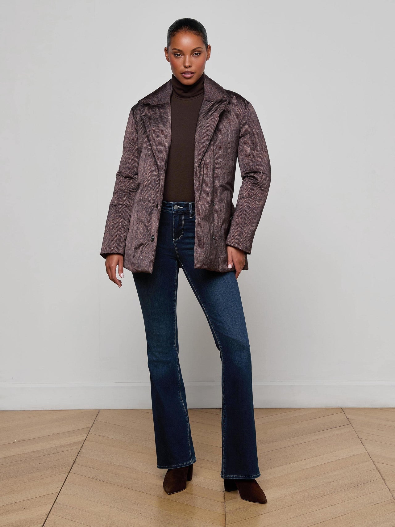 Willene Puffer Jacket in Brown Herringbone Print