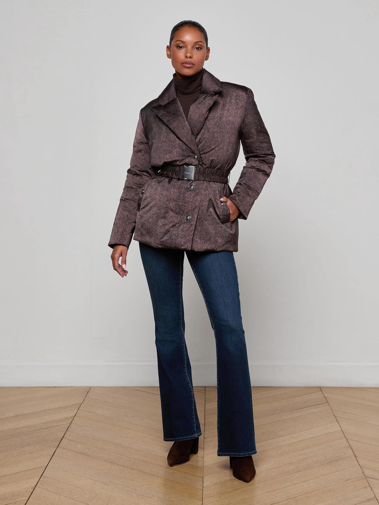 Willene Puffer Jacket in Brown Herringbone Print