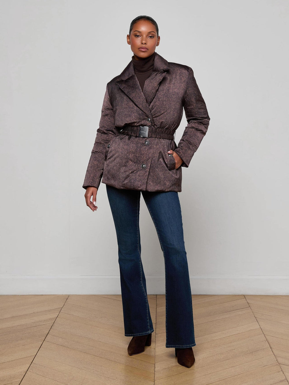 Willene Puffer Jacket in Brown Herringbone Print