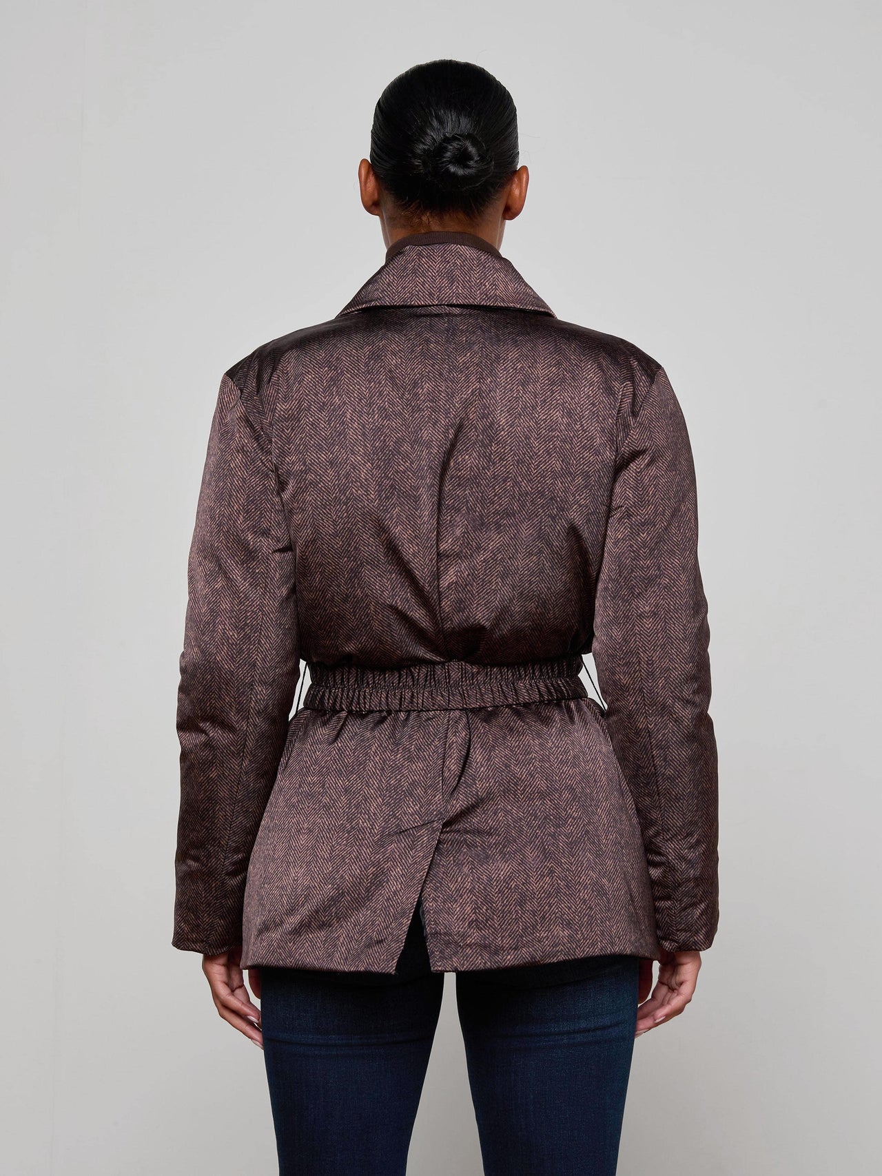 Willene Puffer Jacket in Brown Herringbone Print
