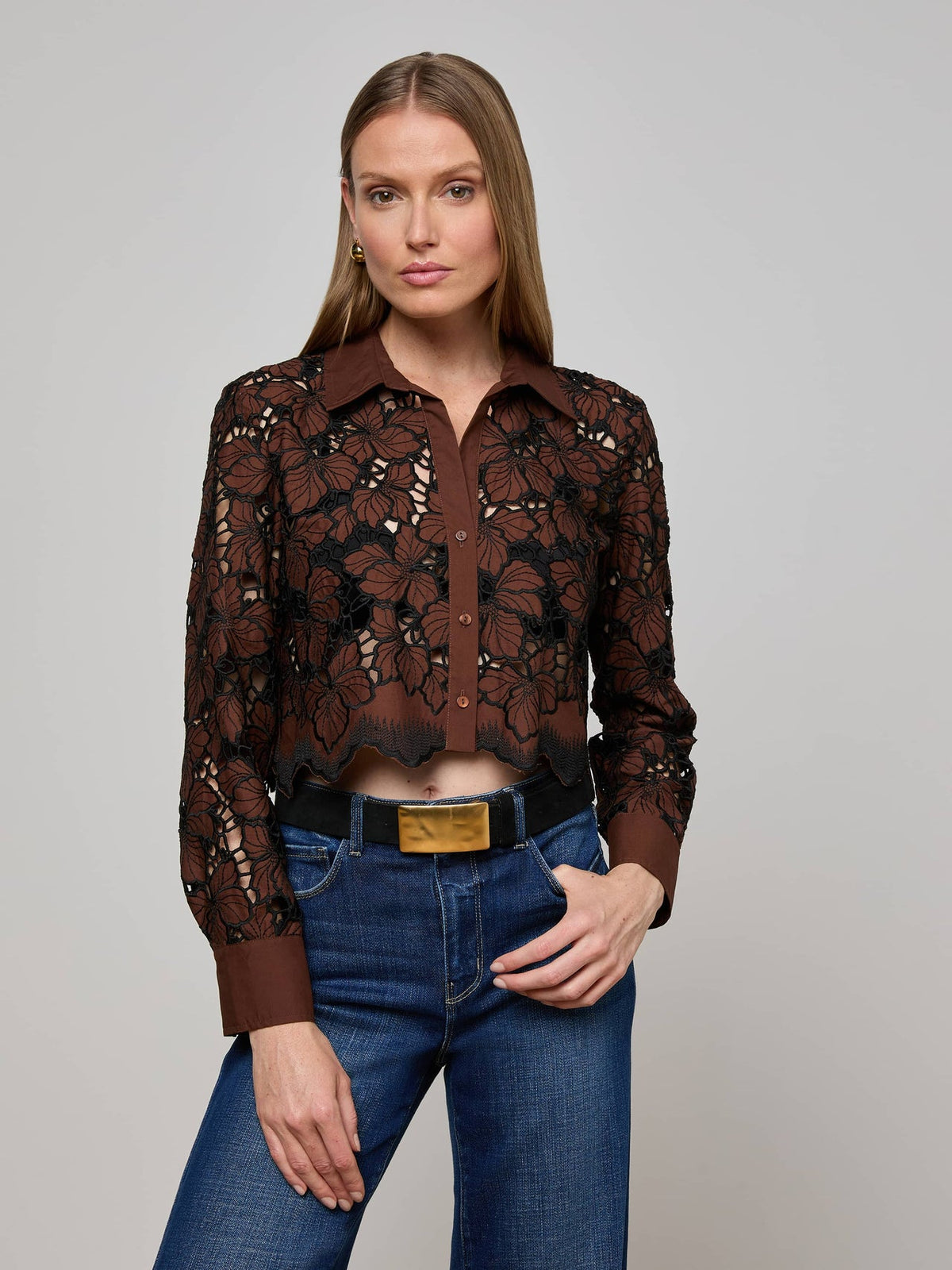 Seychelle Cropped Lace Blouse in Hot Fudge/Black