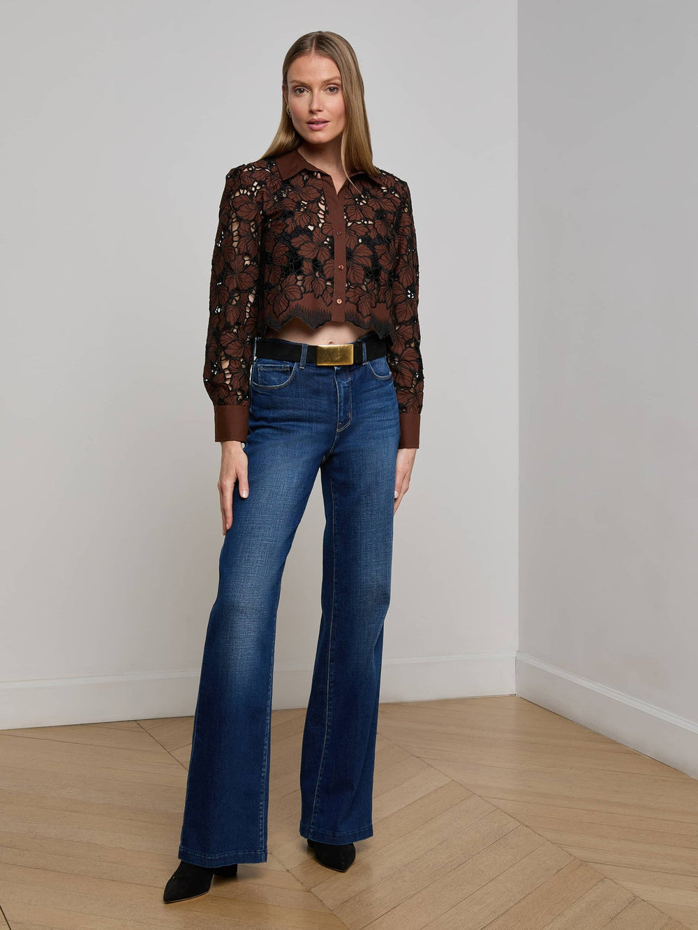 Seychelle Cropped Lace Blouse in Hot Fudge/Black