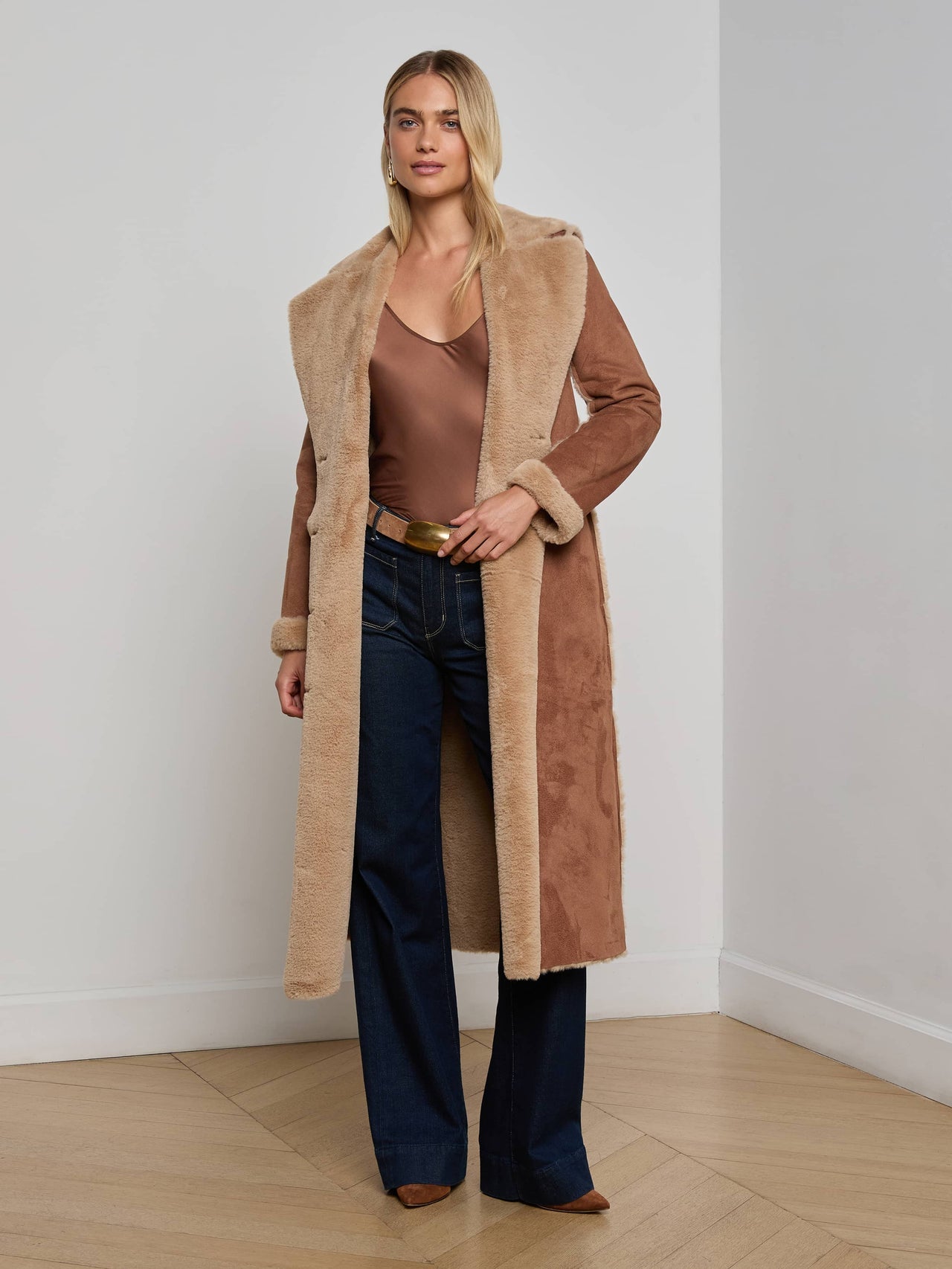 Citron Faux Fur Maxi Coat in Sepia Brown/Light Almond